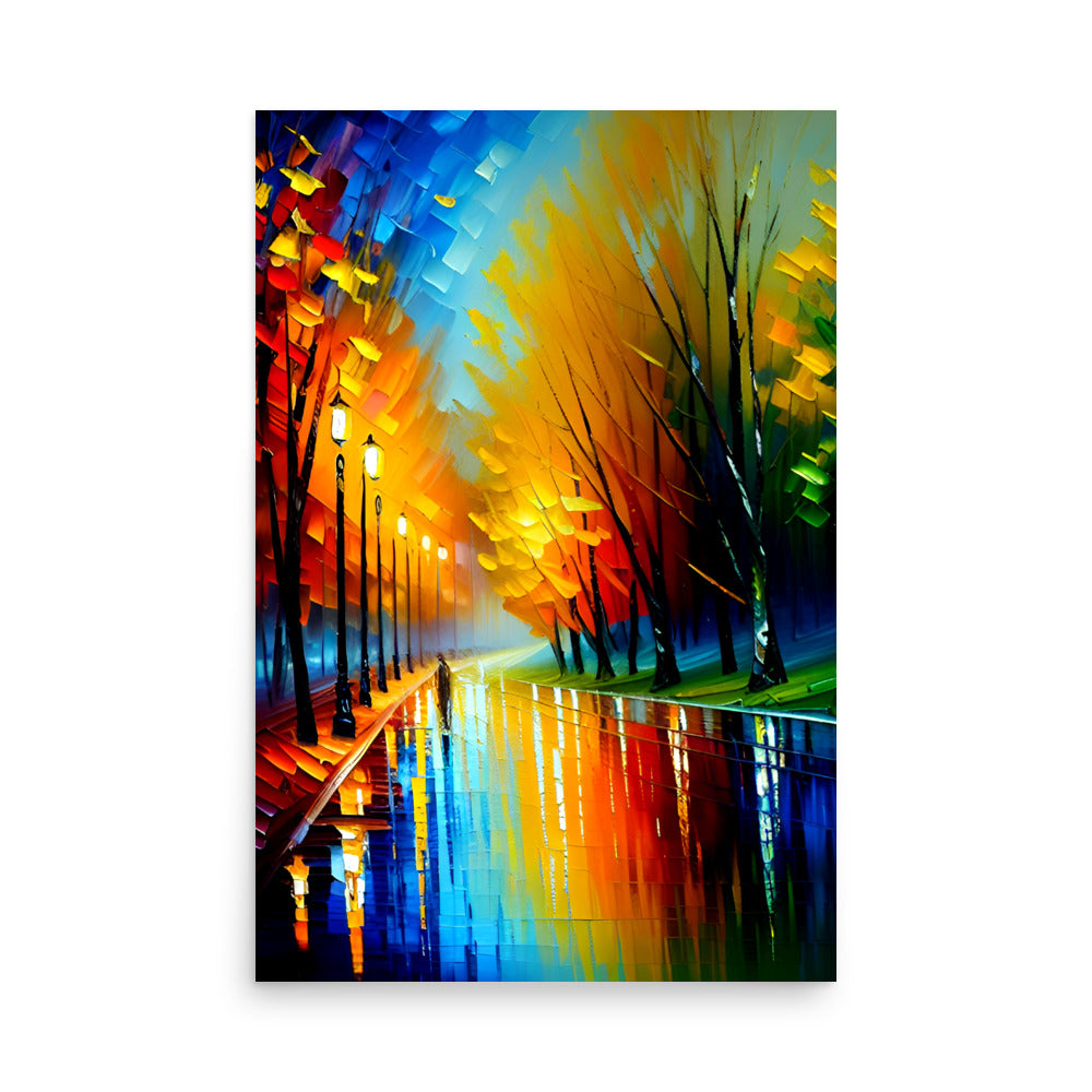Painting with amazing reflections, shiny wet street mirroring colors of the treeline. 