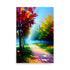 A painting with red trees and yellow trees along a trail, that is beautifully lit by the sun.