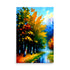 Trees painted with intense high contrast strokes, yellow and orange leaves brightly shining in the sun.