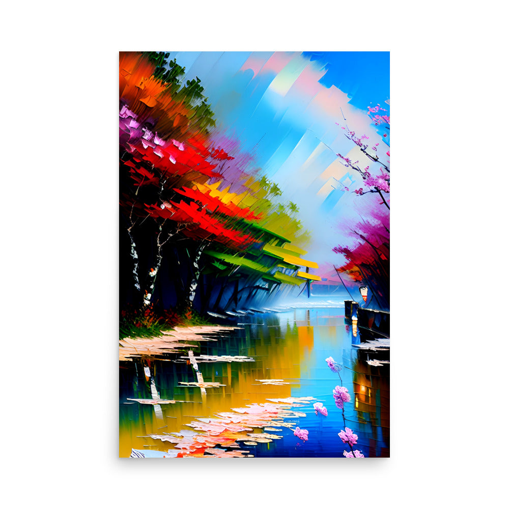A unique landscape art with long brush strokes with wispy clouds, flamboyant painted trees.