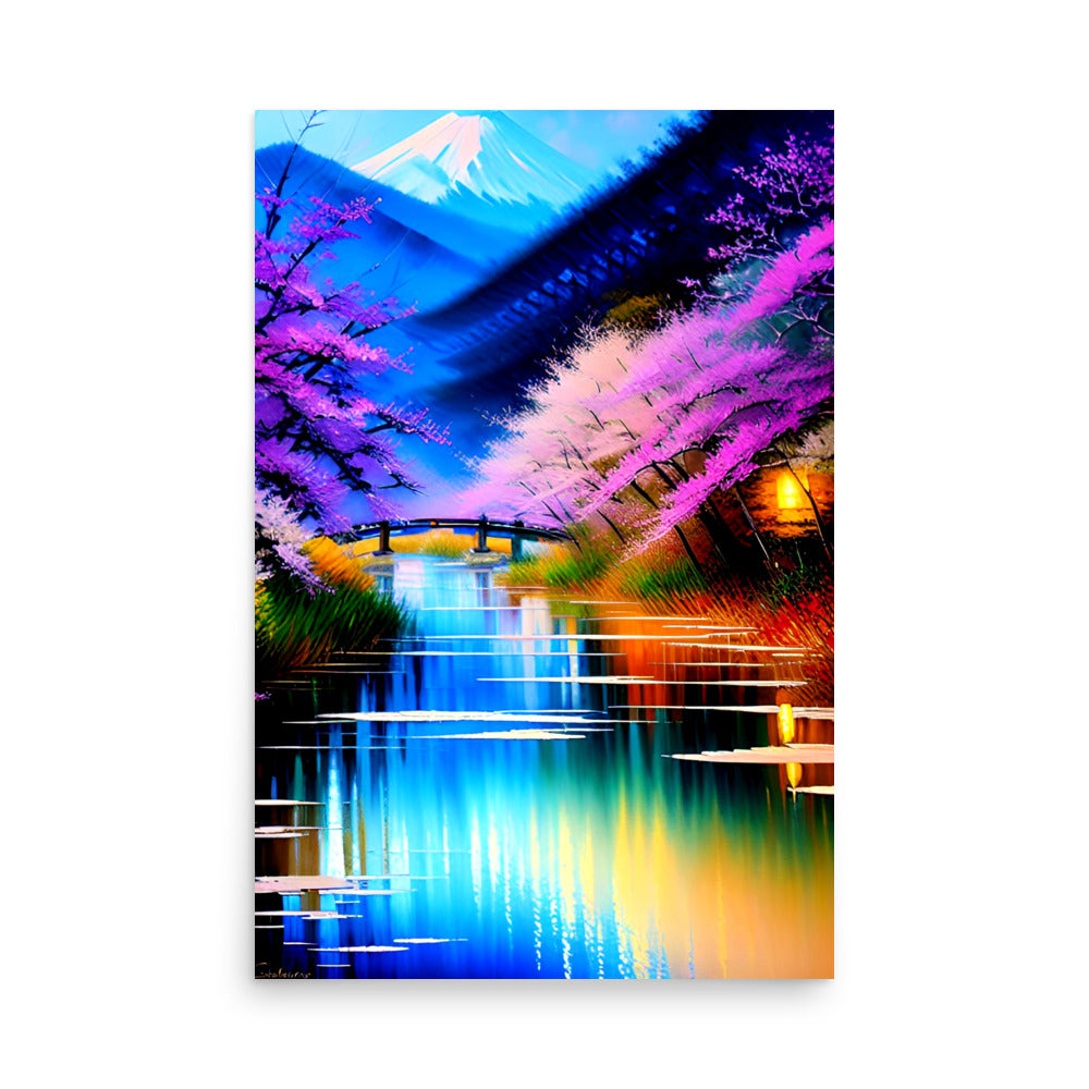 A Japanese landscape art painting with pink trees and reflective river with a bridge upstream.