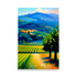 A painting with vineyards and rolling mountains, in a colorful wine country oil painting.