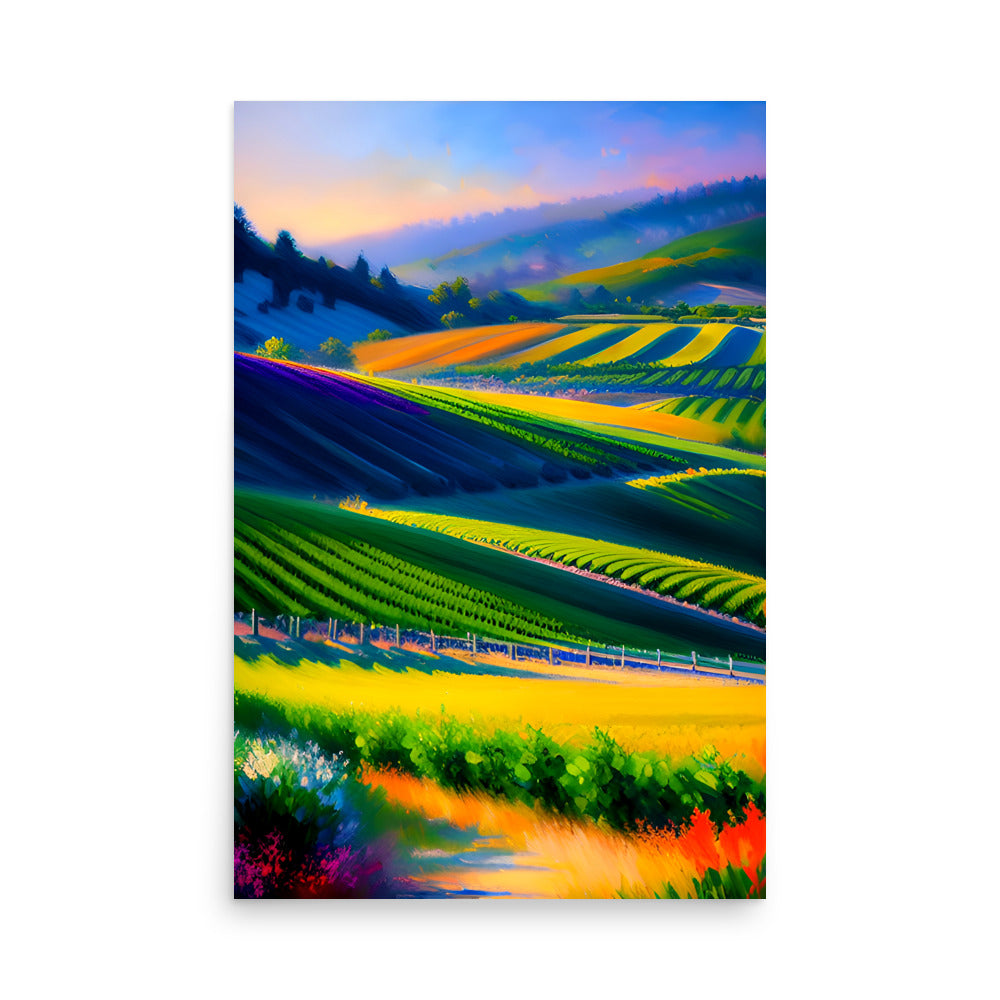 Hillsides with colorful vineyards, with the wine country's majestic beauty painted vibrantly.