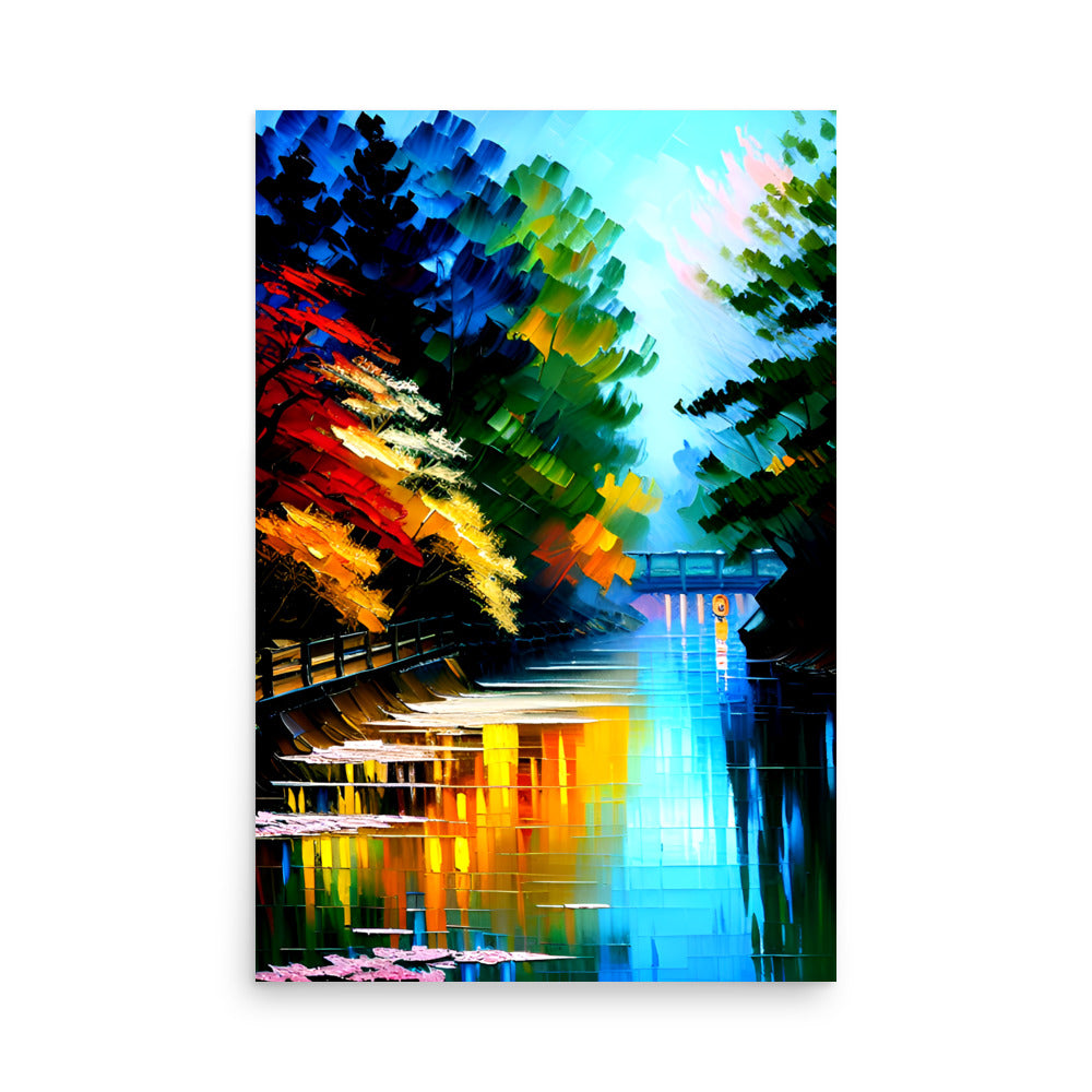 A beautiful park painting with reflective water, trees painted with brilliant fall colors.