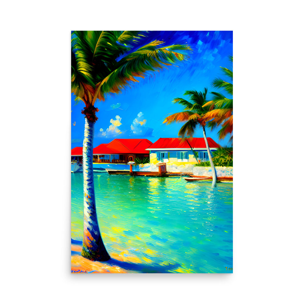 A tropical beach painting with a pier and vivid red roofs glowing in the sun.