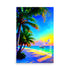 A tropical paradise painting with a sailboat on emerald waters , with a sunset glowing.