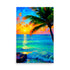 A tropical paradise painting with a sailboat on emerald waters and the sunset glowing.