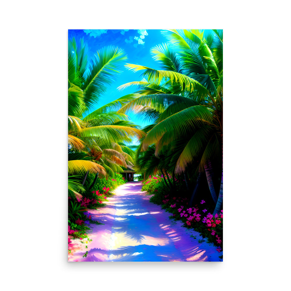 Green fronds stretch towards brilliant sky. Towering palm trees line winding path. Trail adorned with dappled shadows. Vivid pink, purple flowers burst forth. Small opening reveals tranquil oasis reflecting sunrays.