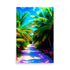 Beautiful palm tree painting with brightly painted sunlit palm leaves, also with pink flowers.