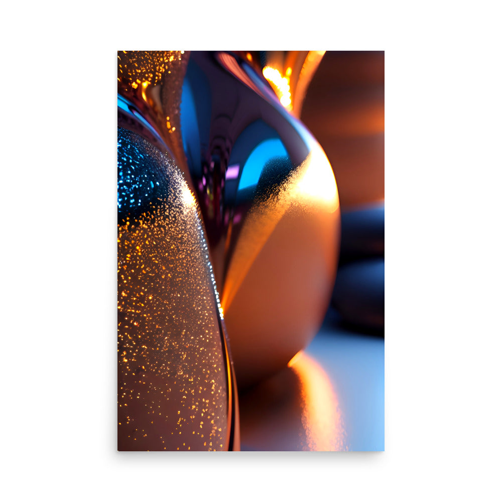 A beautiful abstract sculpture with eye catching colorful metallic reflections of golden copper.