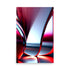 A shimmering red metallic art with abstract curvy objects reflecting light from the