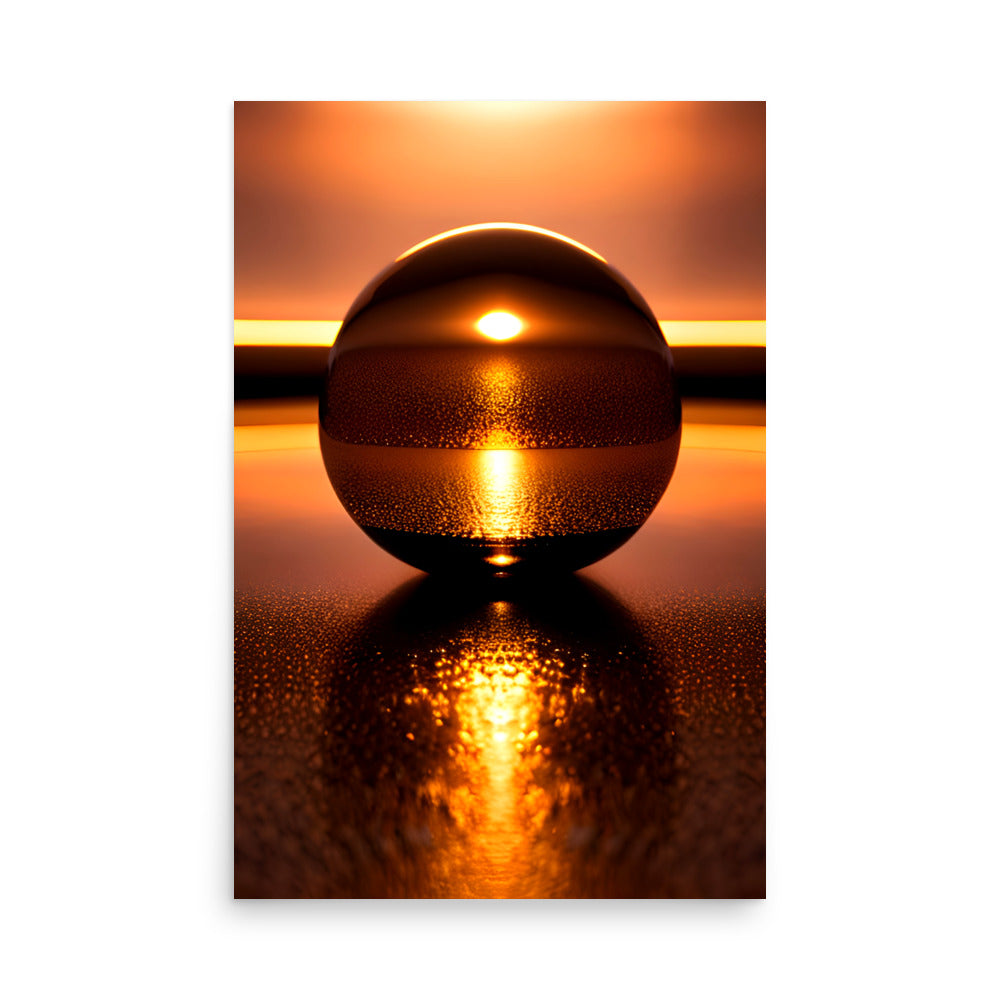 A modern art sunset, beautiful copper colors shining brightly through a crystal sphere.