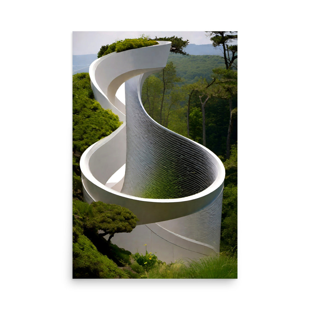 A modern abstract art sculpture combines the fluidity of ribbon and a rigid form.