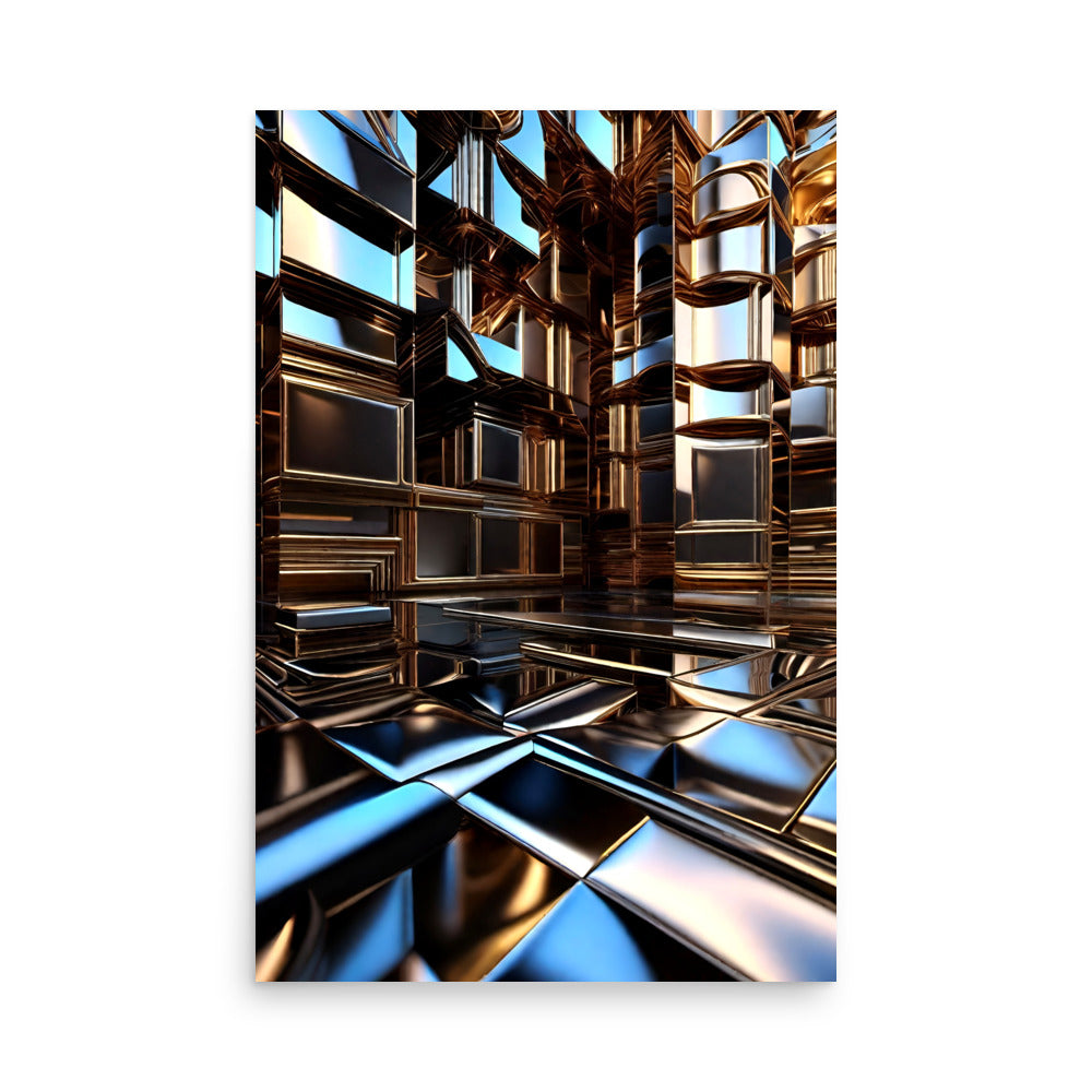 Abstract geometric design with mirrored cubes reflecting light and shadow creating depth.