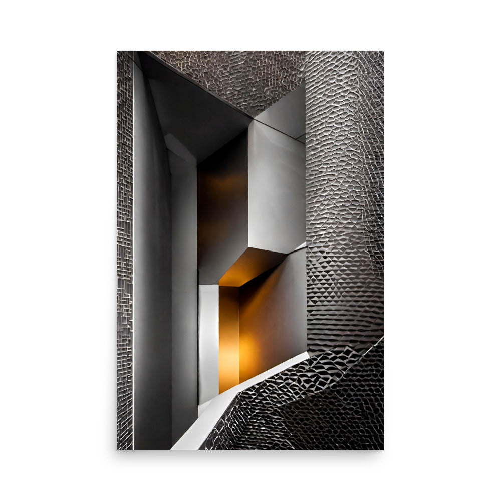 An architectural feature with a textured surface leads inside a warm illuminated niche.