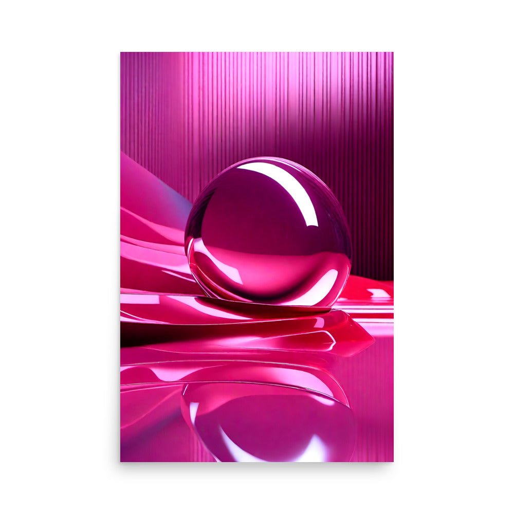 Art with glossy pink spherical sculpture on a vibrant pink surface.