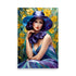 Woman adorns vivid blue, purple curls. Wide-brimmed hat atop her hair. Flowing gown envelops figure completely. Yellow foliage vibrant background behind her.