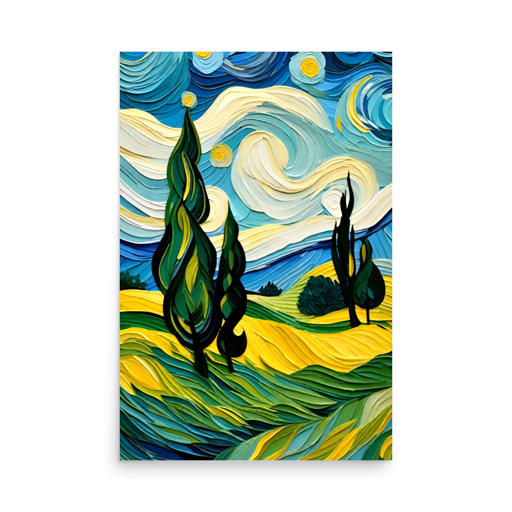Swirling patterns of a landscape with cypress trees with a sense of movement.