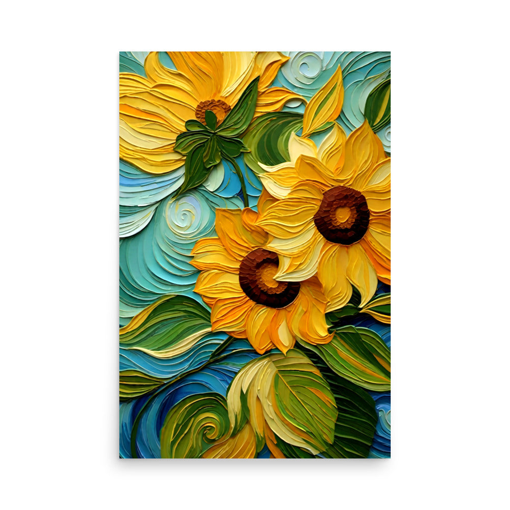 Thick impasto brushstrokes create bright yellow sunflowers that have rich brown centers.