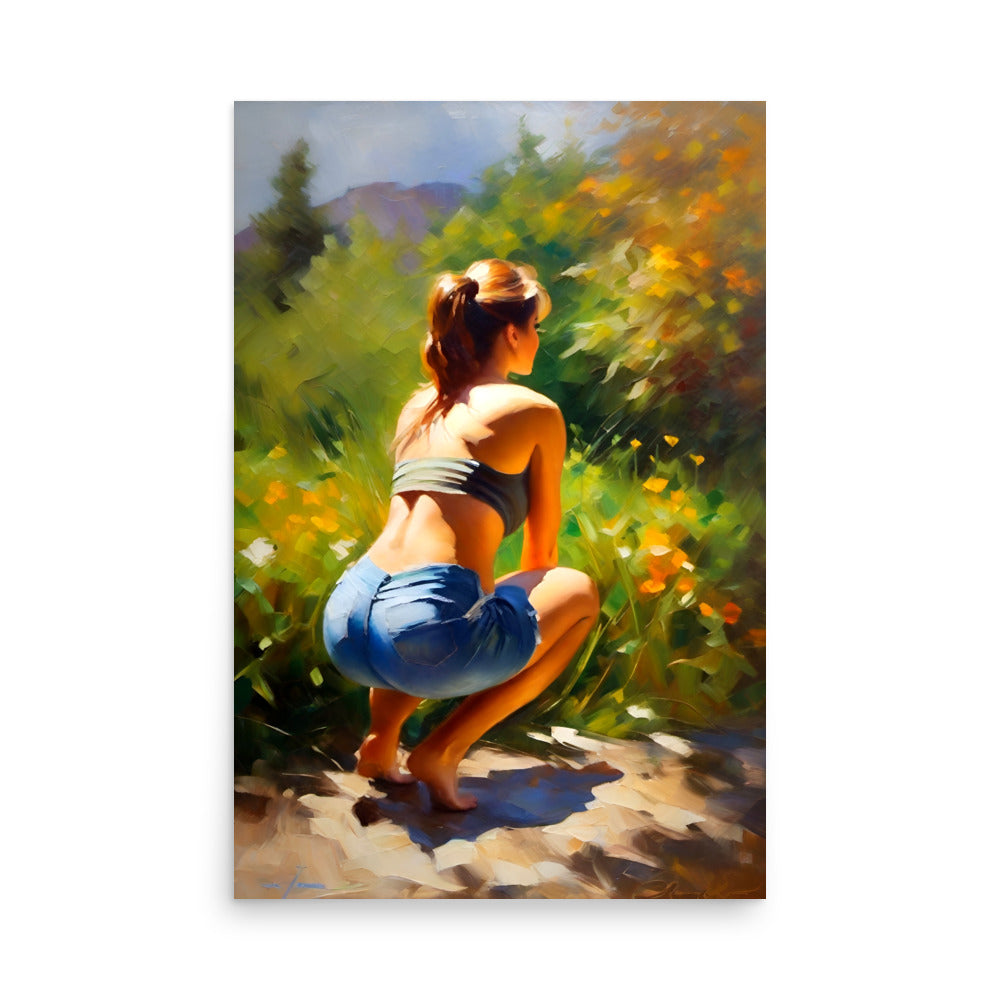 A female figure crouched in sunny meadow, she's wearing casual denim shorts.