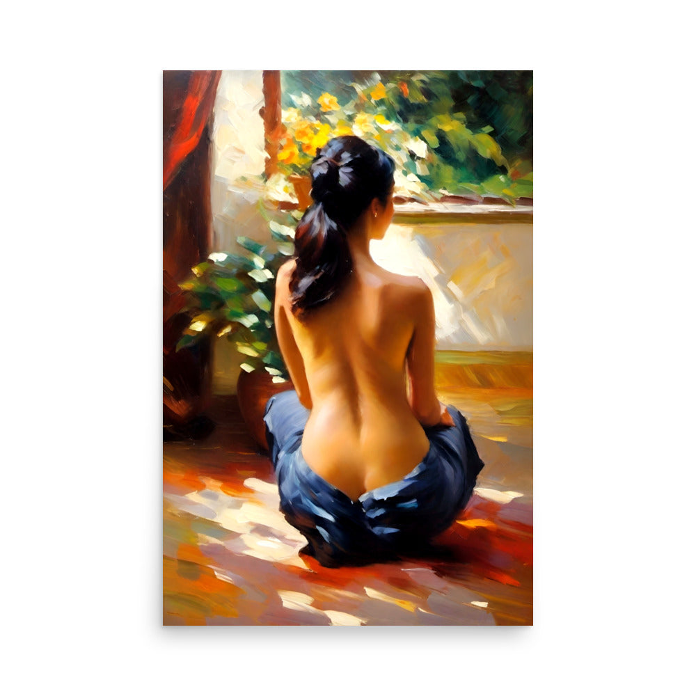 A sensual painting of an attractive woman that is gazing out a window.