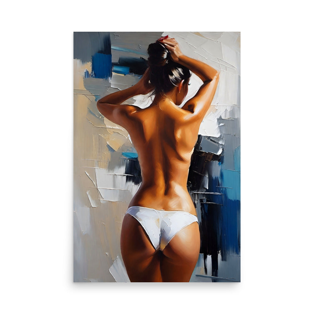A sensuous woman painting, where she is posing and holding her bun.