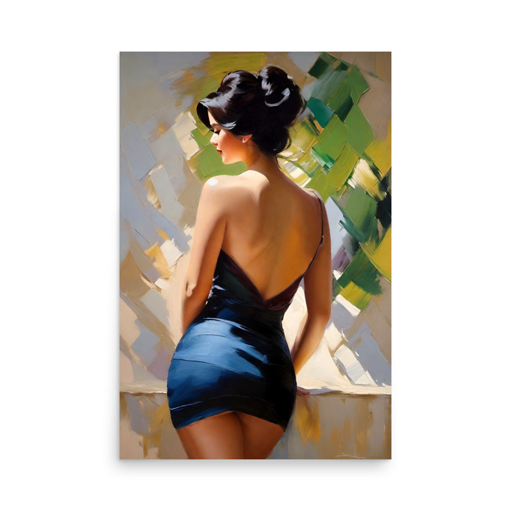 Beautiful woman in a blue satin dress with her back turned, looking back.
