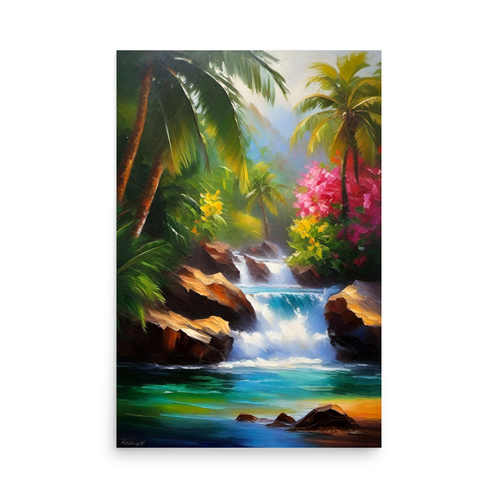 A beautiful tropical stream flows in a sunlit forest with palms.