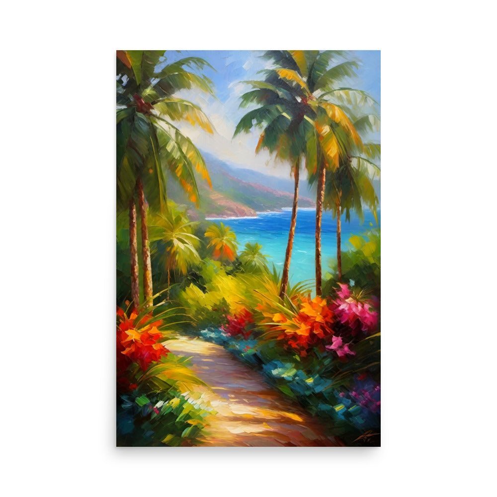 A hidden oasis with vivid flowers and lush palm trees, a secluded paradise.