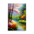 A peaceful riverside scene in an impressionistic style with pink blossoms.