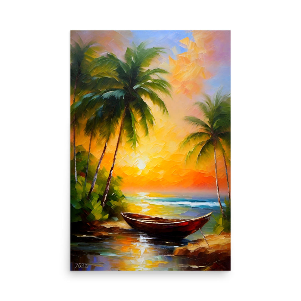 A secluded beach cove with beautiful palms and gentle waves caressing the colorful shoreline.