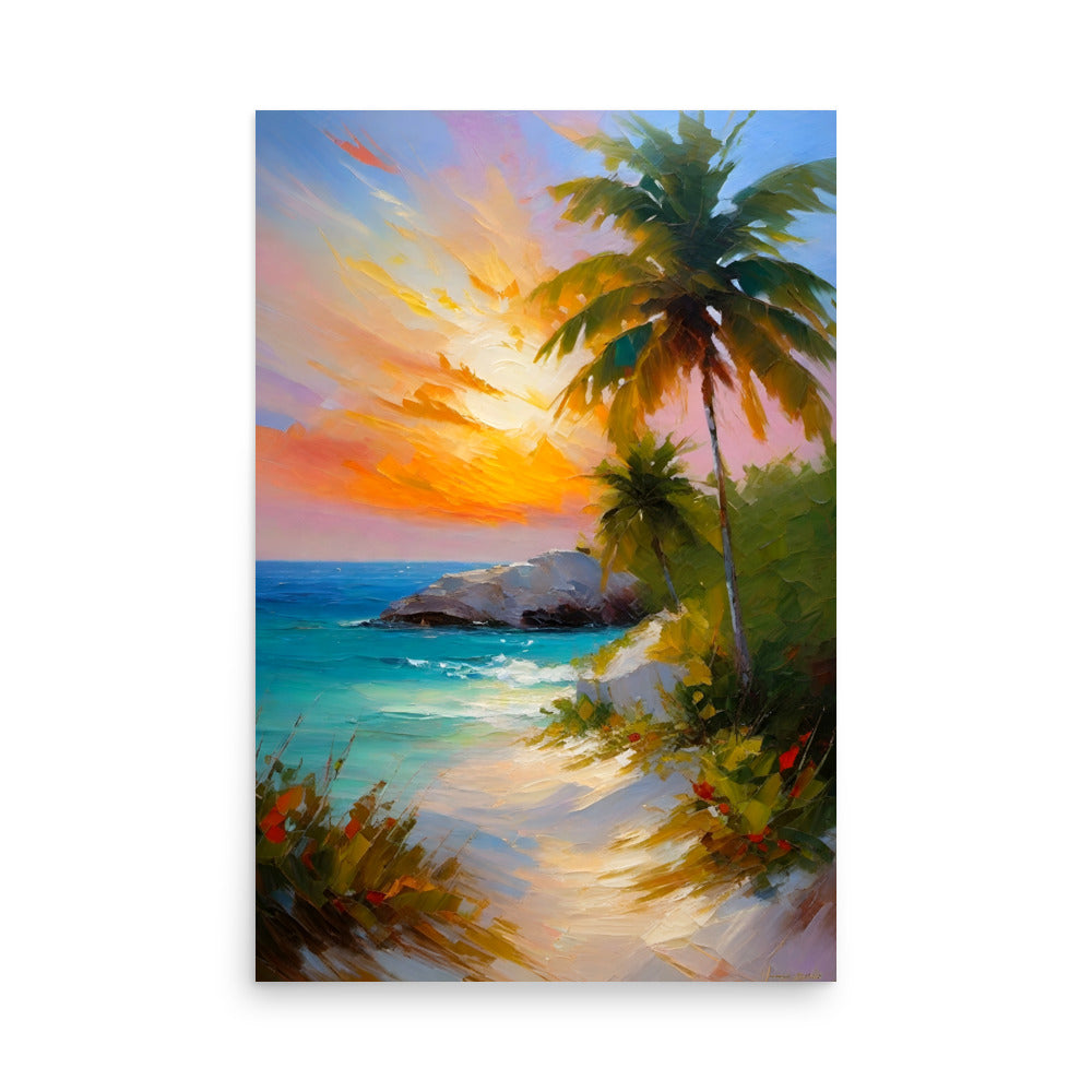 A serene coastal scene with palm trees silhouetted against a brilliant sunset sky.