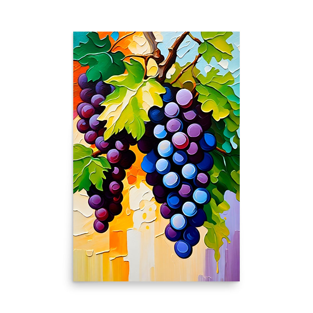 A stylized painting of grapes with bold brushstrokes with vivid colors.