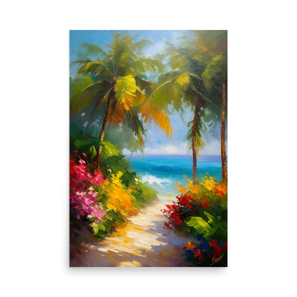A sunlit path through flourishing tropical greenery with the azure ocean water surf.