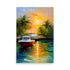 A tranquil boat floating on calm waters near a painted tropical sunset.
