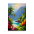 A tropical beach vista painted with bright joyous colors and loose brushwork.