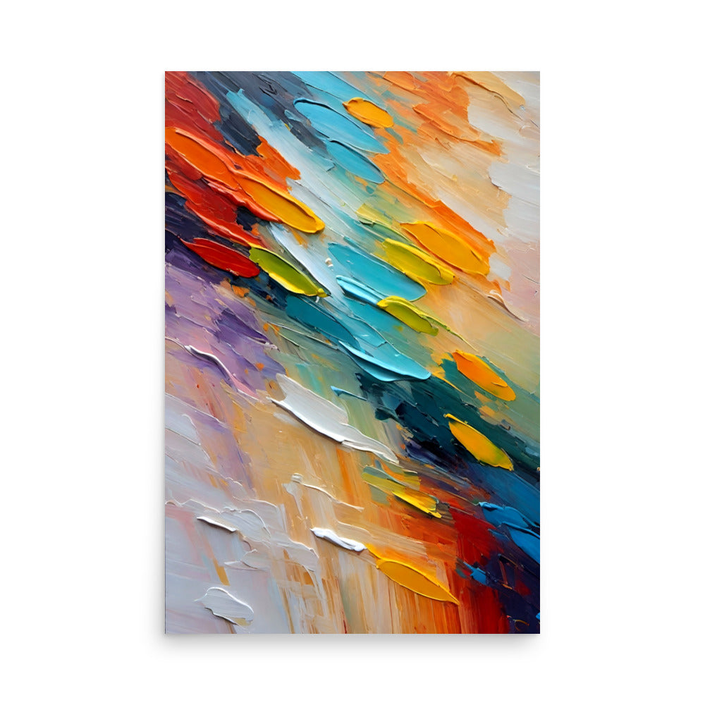 Abstract painting with sweeping strokes of bright colors with warm and cool tones.
