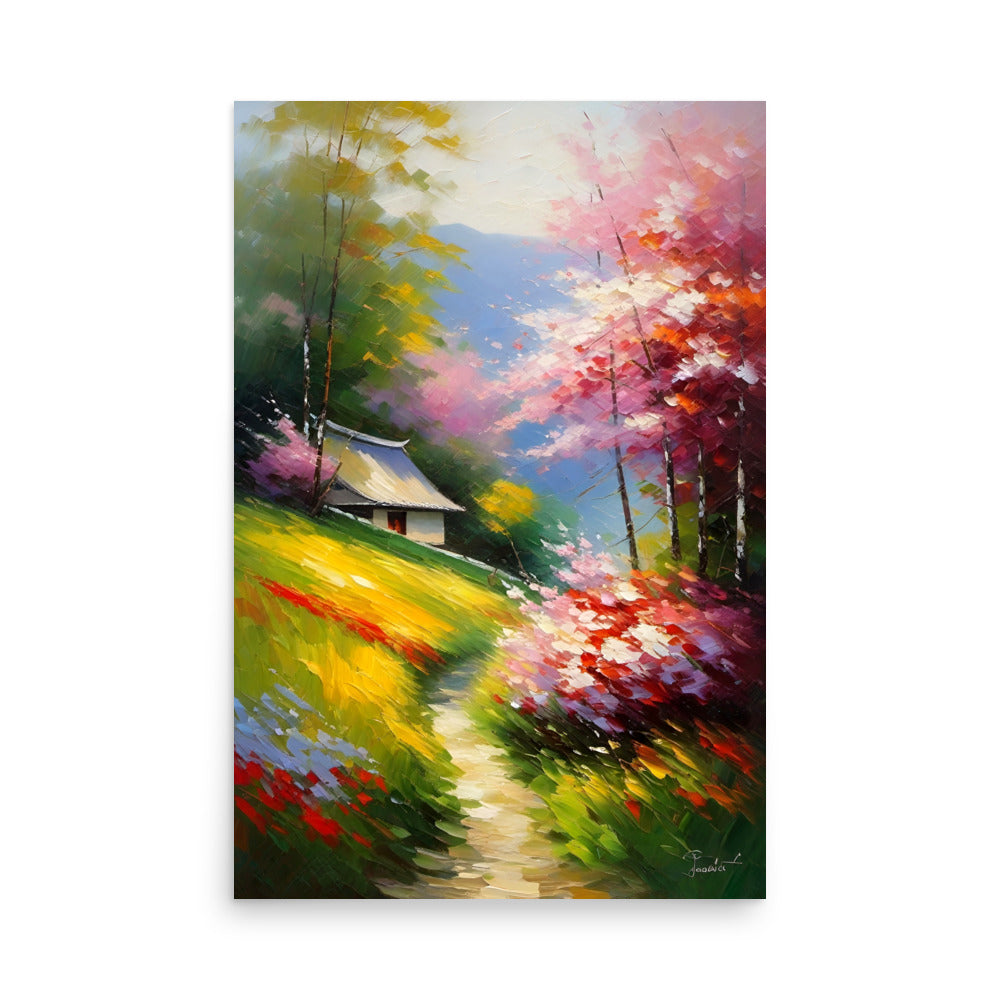 Impressionist art landscape with vibrant strokes of color showing a blossoming meadow.