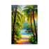 Lush tropical scene with vibrant flora background with a tranquil blue sea.