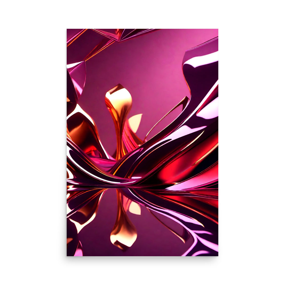 Reflective metallic shapes twisting and melting into a purple backdrop.