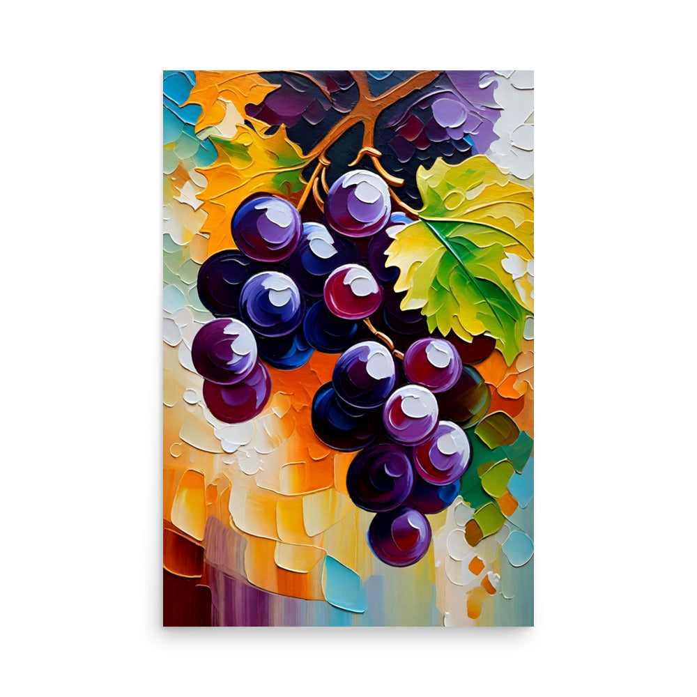 Thick impasto technique in a colorful painting of grapes on a vine.