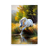 A dynamic portrayal of a white horse and splashes of water and autumnal colors.