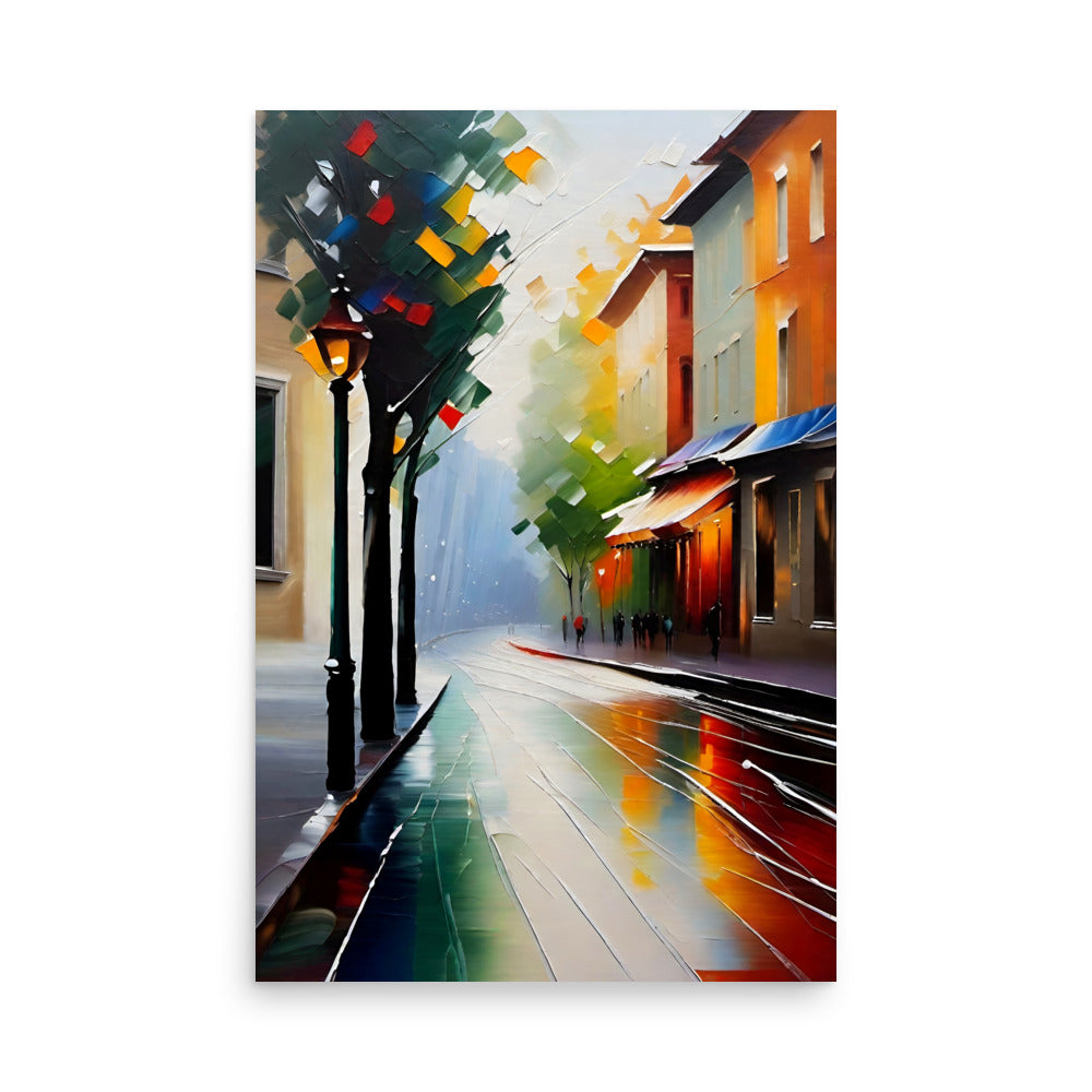 A rainy urban street scene with wet pavement reflecting the colorful city lights.