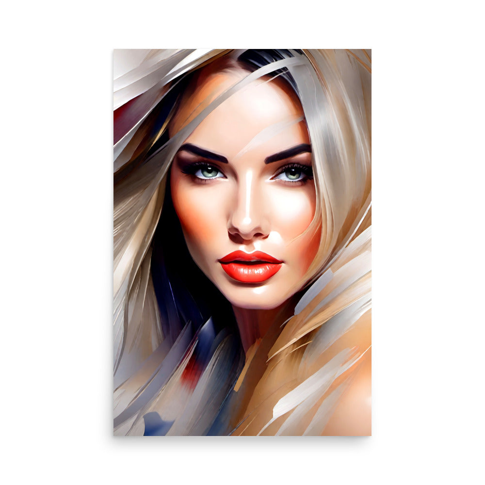 Stylized blonde's striking features radiate vibrancy. Abstract brushstrokes portray windswept hair's dynamism. Digital portrait captivates.