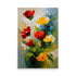 Vibrant textured painting of red, yellow and blue tulips with thick beautiful impasto strokes.
