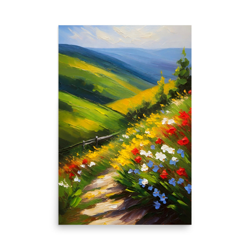 A hilly landscape with a path winding through a field of vibrant wildflowers.