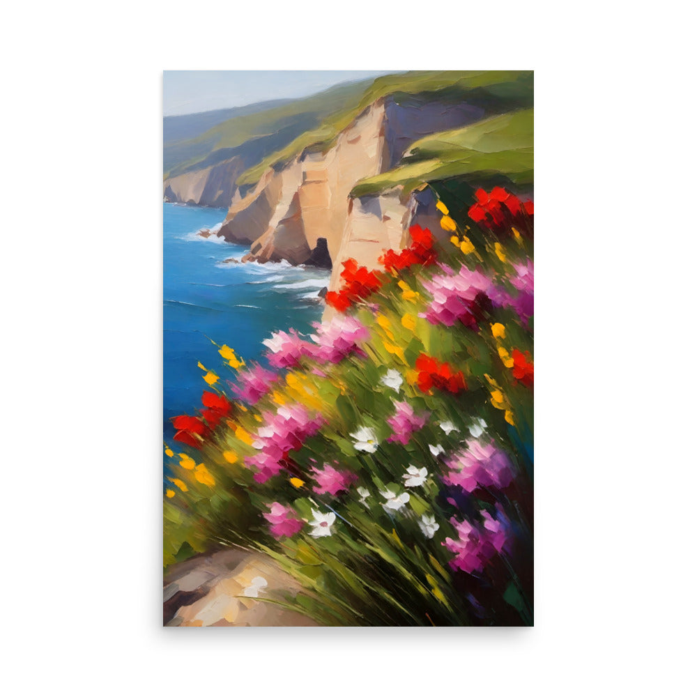 A picturesque scene with red and light purple flowers overlooking a cliff.