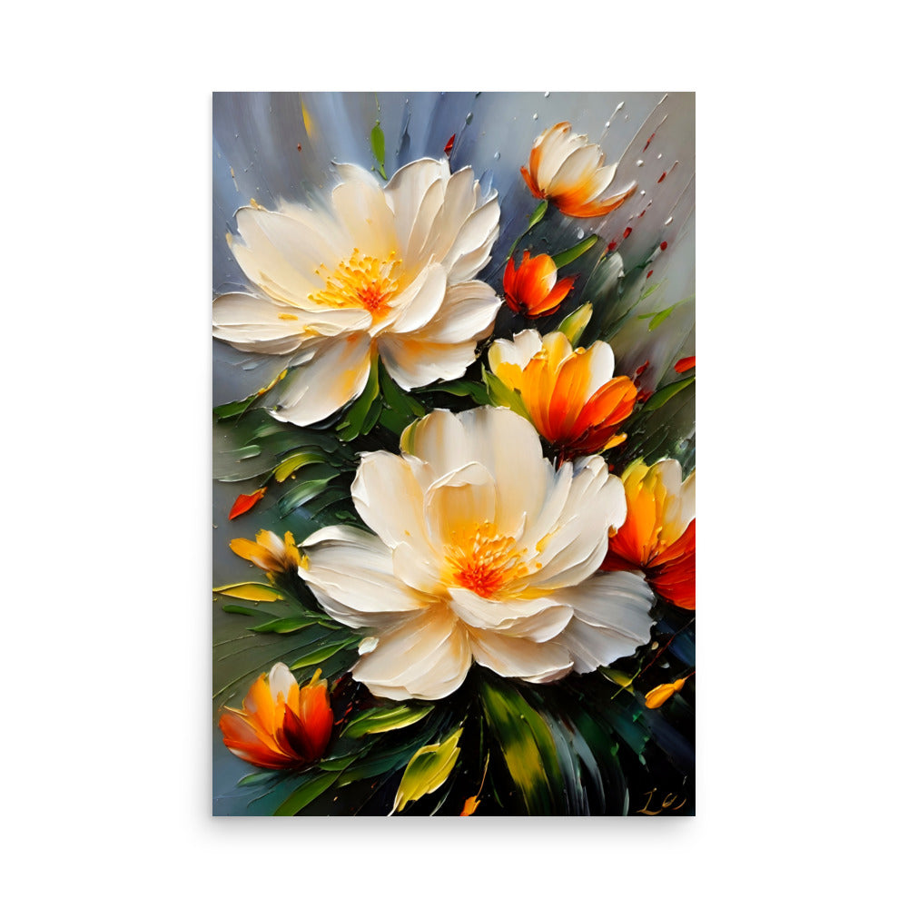 A vivid impasto painting of white and yellow flowers with nice dynamic splashes.