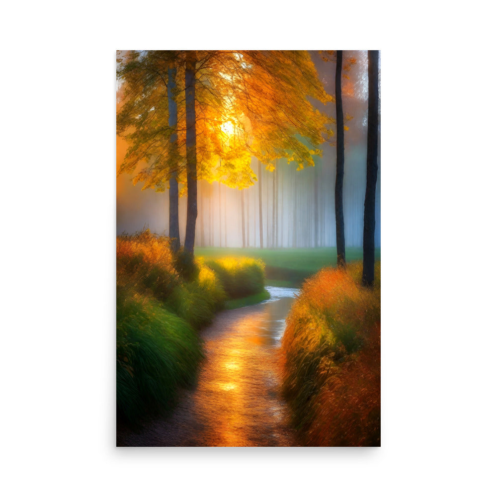 Art with a sunlit walkway meandering through an autumnal landscape.