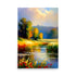 Art with bright autumn trees reflecting on a calm river, a soft dreamy feel.